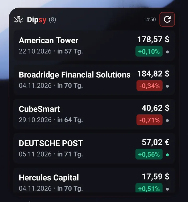 Das Dipsy-Widget auf dem Startbildschirm mit fünf Werten, Kursen und der Restzeit bis zum Quartalsbericht.